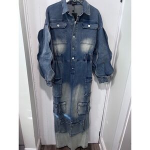 Athina Denim Cargo Jumpsuit Medium Wash Ruffle Sleeve Utility Streetwear Small